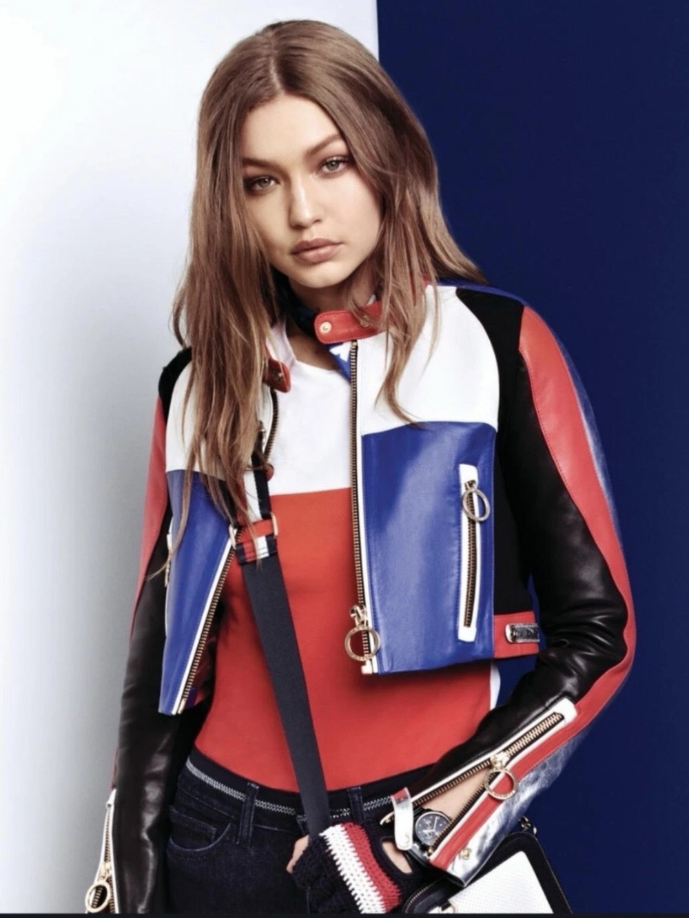 Gigi Hadid x Tommy Hilfiger Colorblock Leather Jacket - Blue, White, Red, Black